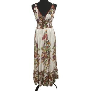 ME 2 MAGIC Anthropologie Sz L Floral Metallic Tiered Maxi Dress Smocked Crochet